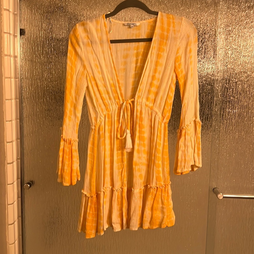 Blue Island Yellow/Orange & White Bell Sleeve Cover Up Tie Waist Tunic (Tie Dye)